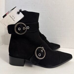 NWT ZARA‎ Suede Leather Pointed Toe Ankle Boots Buckle Detail Block Heel 6 36